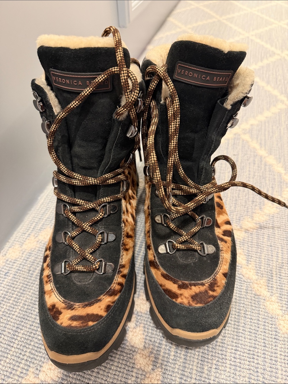 Veronica Beard Black Suede Winter Boots with Leopard Accent and Cream Shearling